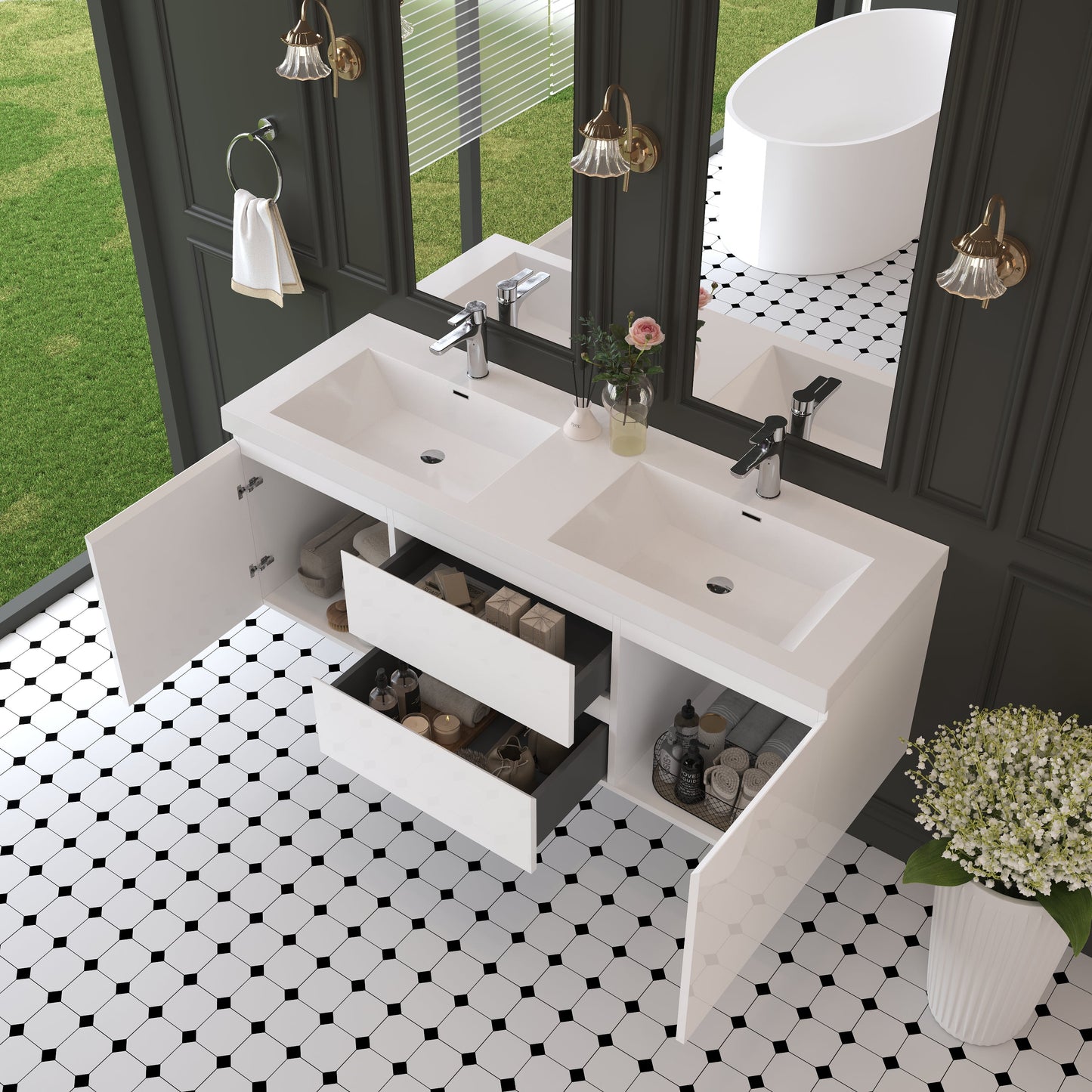 60" Angela - Floating Bathroom Vanity Double Sink Glossy White V11-60DGW
