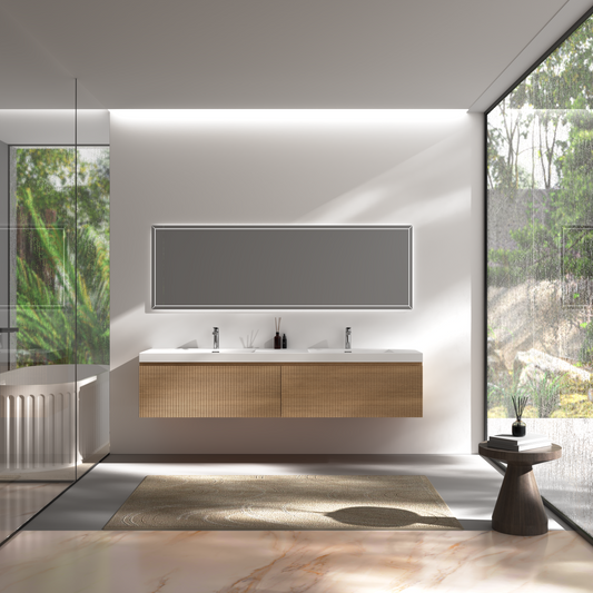 72" Liner - Floating Bathroom Vanity Integrated Double Sink Basin, Natural Oak V16-72NOW