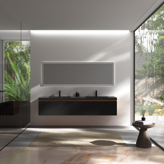 72" Liner - Floating Bathroom Vanity Integrated Double Basin, Smoked Walnut & lnk Black V16-72WAB