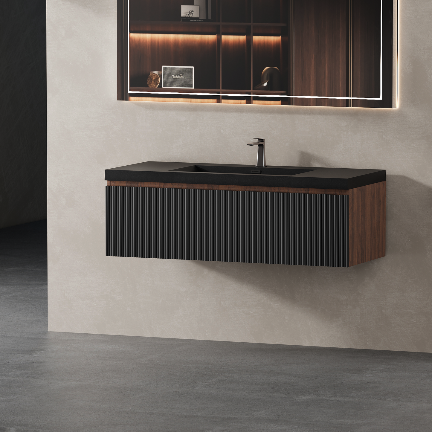 48" Liner - Floating Bathroom Vanity, Smoked Walnut & lnk Black V16-48WAB