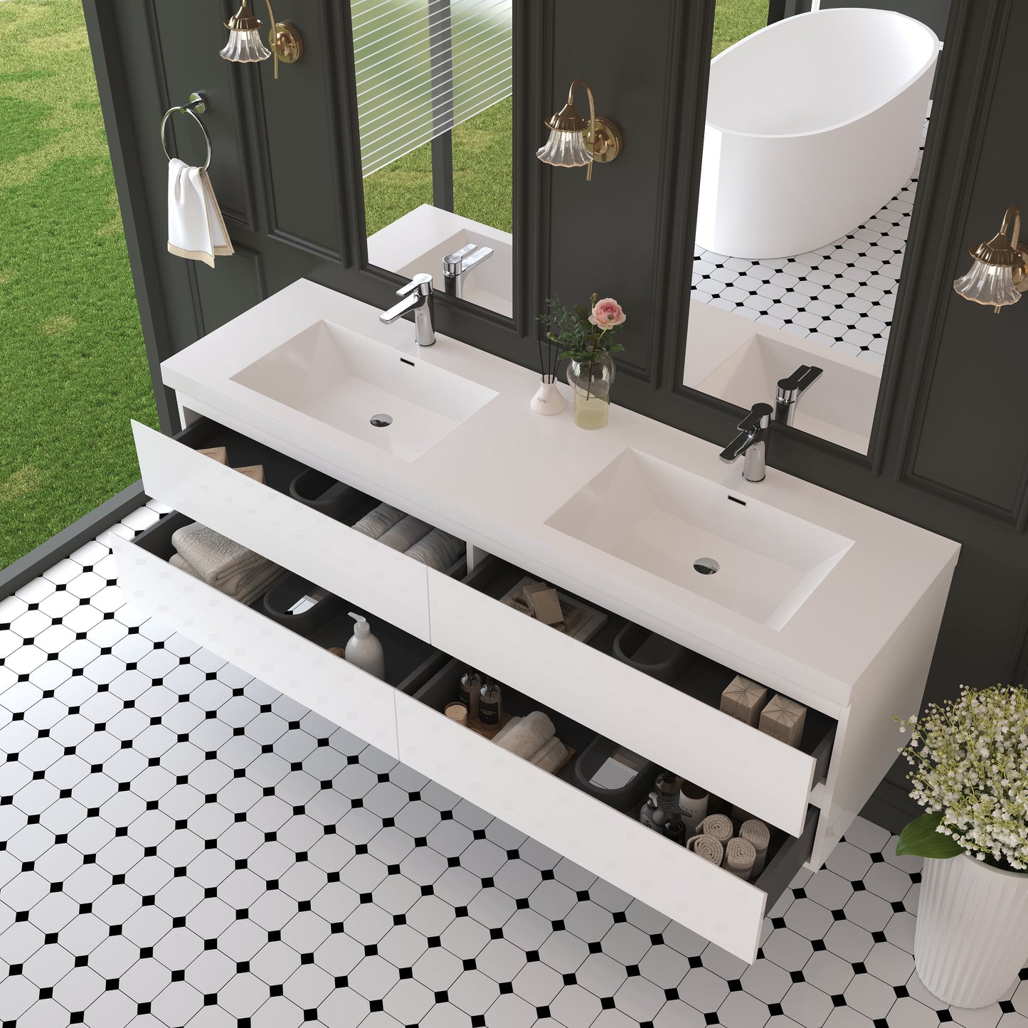72" Angela - Floating Bathroom Vanity Double Sink Glossy White V11-72GW