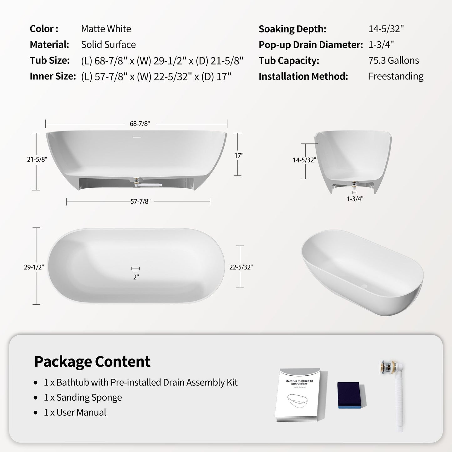 69" Freestanding Stone Resin Deep Soaking Bathtub S03-69