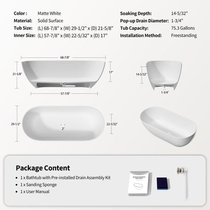 69" Freestanding Stone Resin Deep Soaking Bathtub S03-69