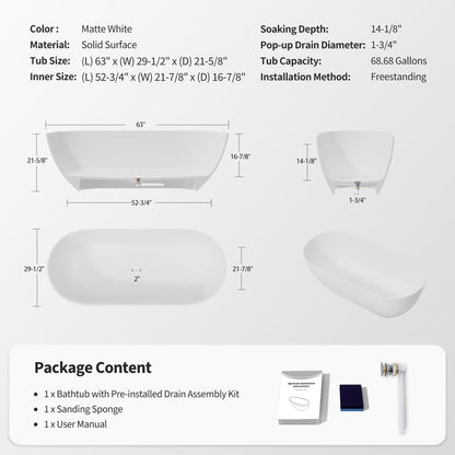 63" Freestanding Stone Resin Deep Soaking Bathtub S03-63