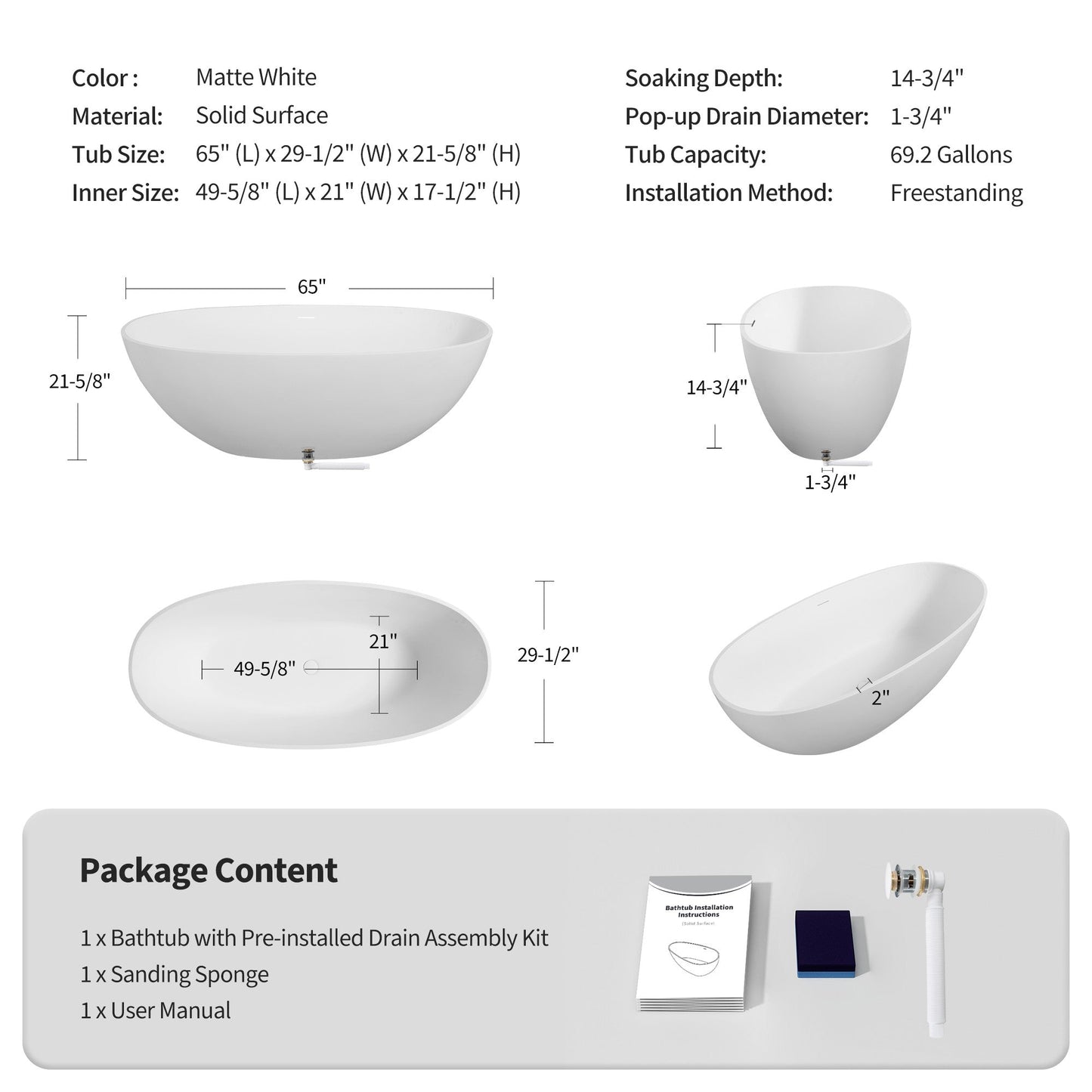 65" Elegant Oval Solid Surface Freestanding Soaking Bathtub, Matte/Gloss White S06-65