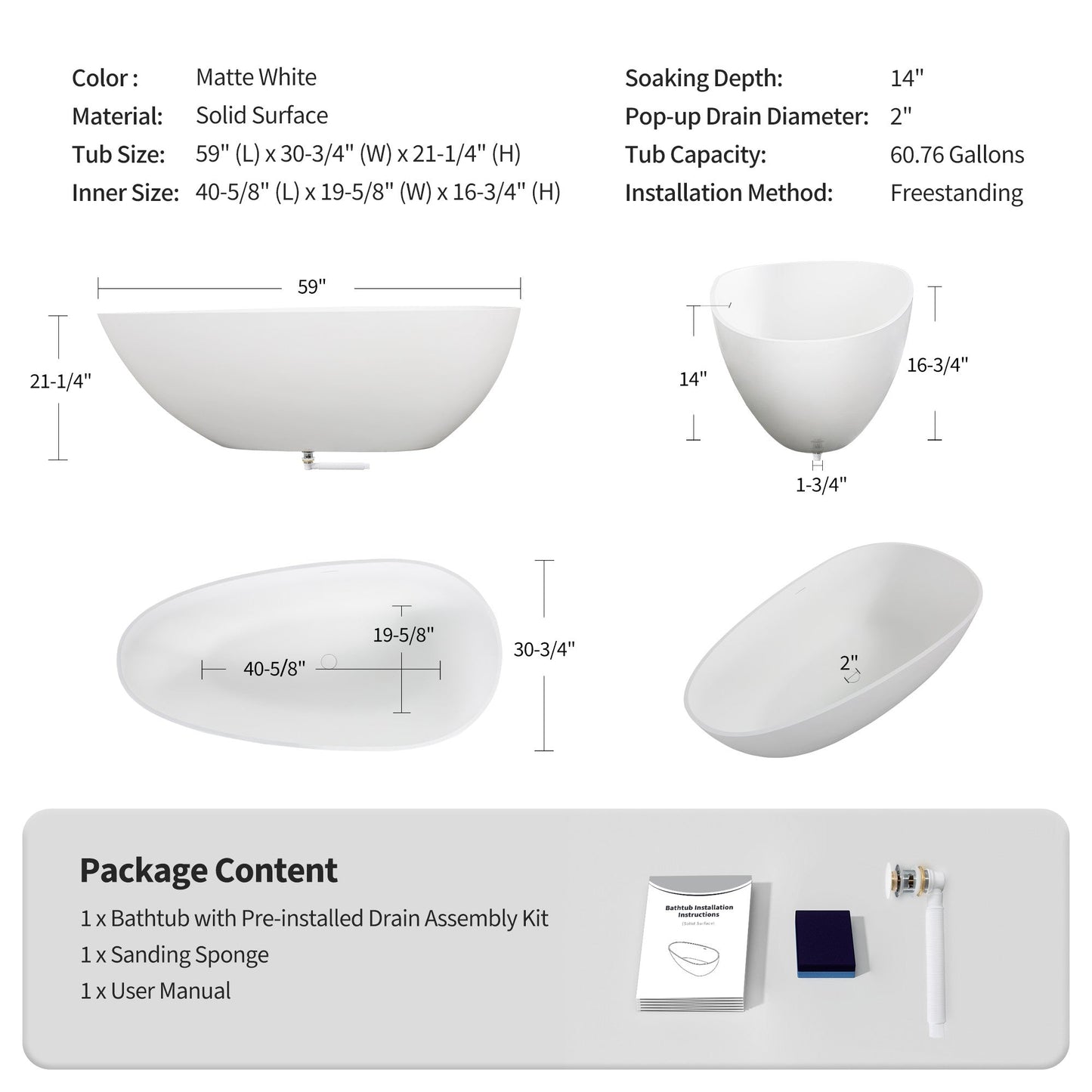 59" Freestanding Solid Surface Soaking Bathtub S02