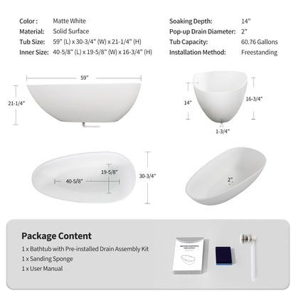 59" Freestanding Solid Surface Soaking Bathtub S02