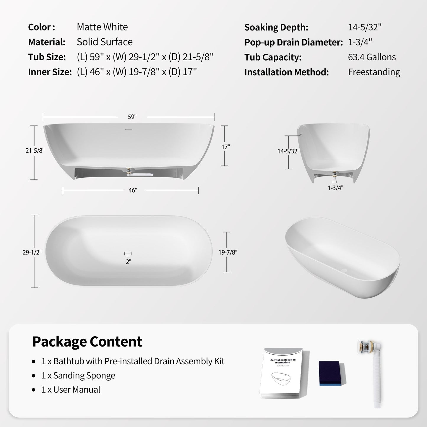 59" Freestanding Stone Resin Deep Soaking Bathtub S03-59