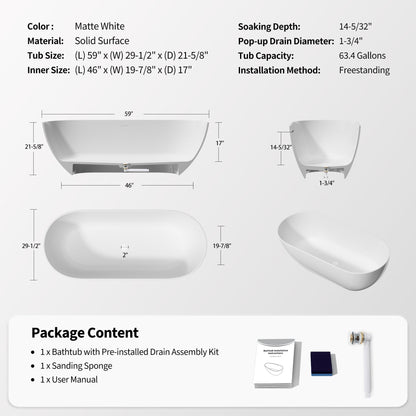 59" Freestanding Stone Resin Deep Soaking Bathtub S03-59