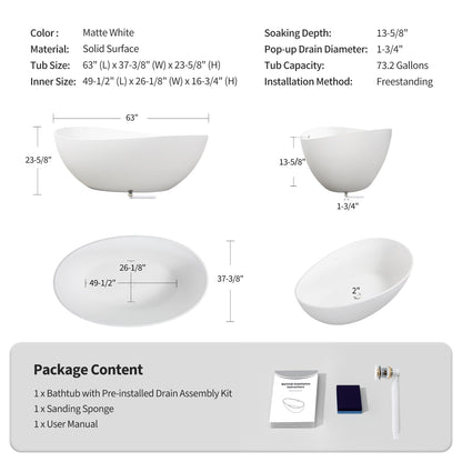 63" Freestanding Engineered Stone Resin Bathtub, Matte/Gloss White S05-63