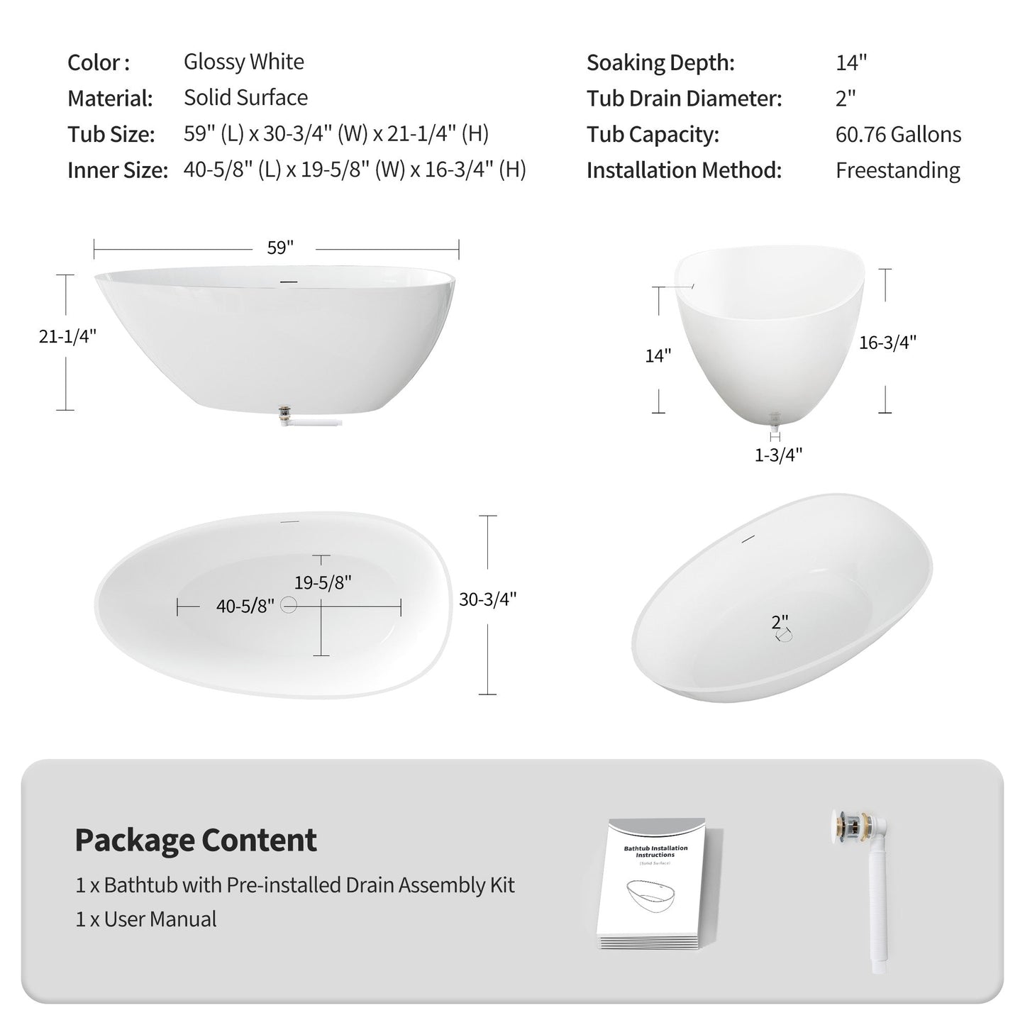 59" Freestanding Solid Surface Soaking Bathtub S02