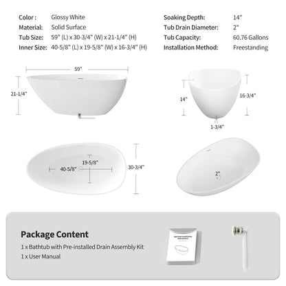 59" Freestanding Solid Surface Soaking Bathtub S02