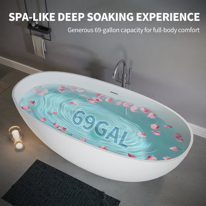 65" Elegant Oval Solid Surface Freestanding Soaking Bathtub, Matte/Gloss White S06-65