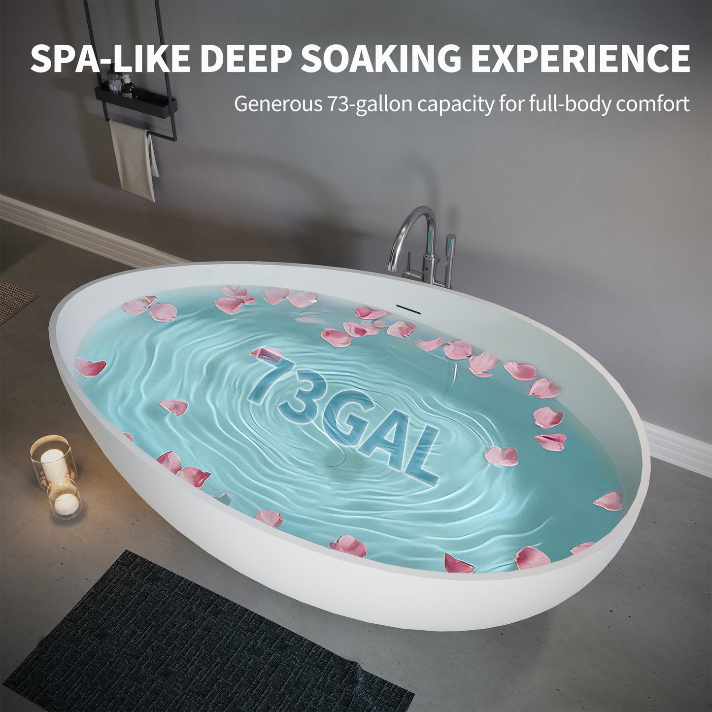 63" Freestanding Engineered Stone Resin Bathtub, Matte/Gloss White S05-63