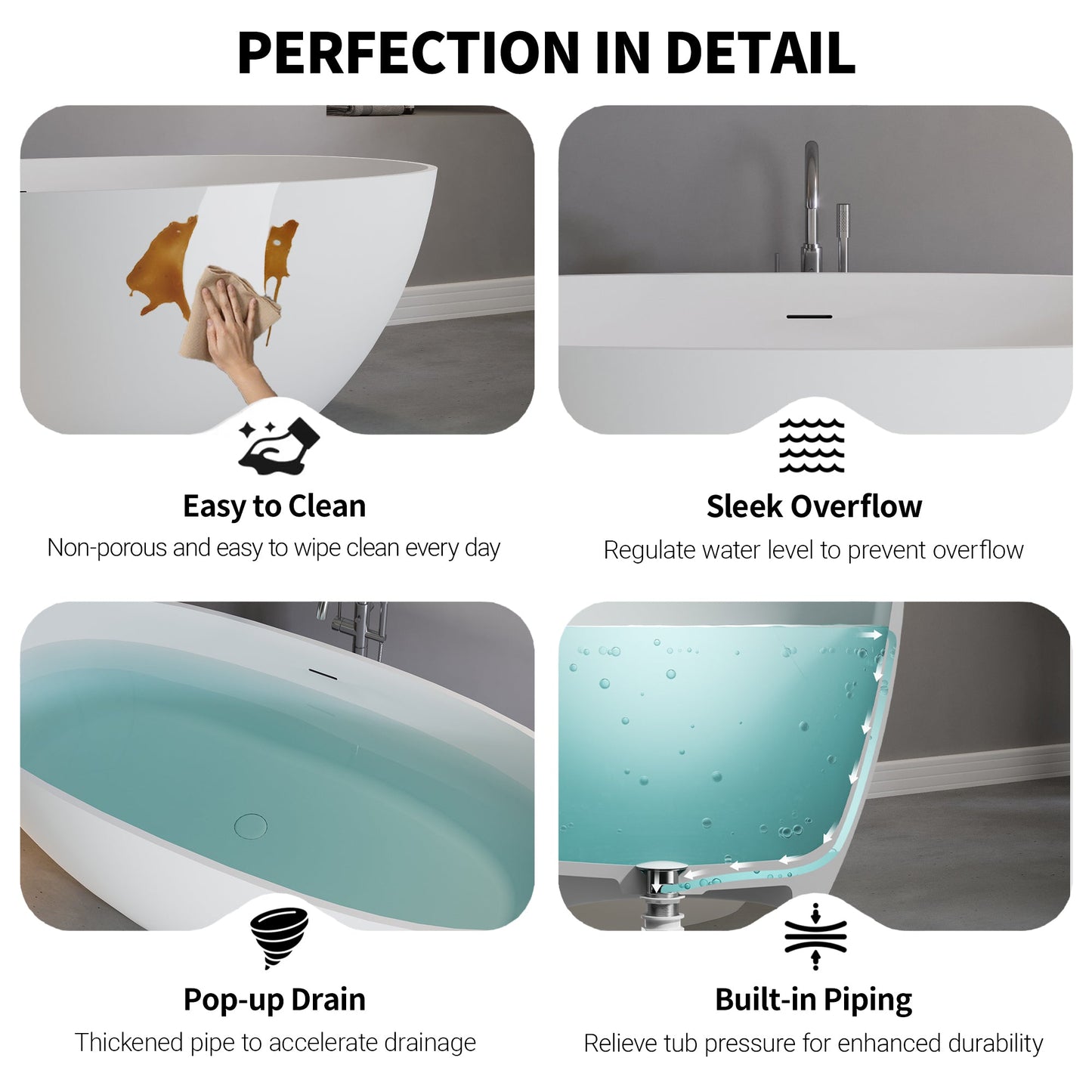 65" Elegant Oval Solid Surface Freestanding Soaking Bathtub, Matte/Gloss White S06-65