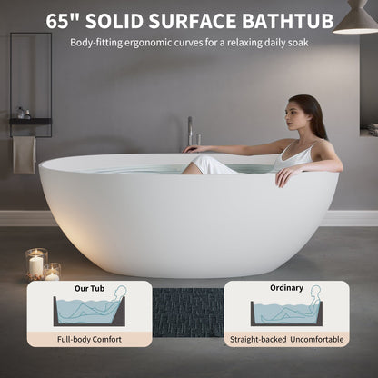 65" Elegant Oval Solid Surface Freestanding Soaking Bathtub, Matte/Gloss White S06-65