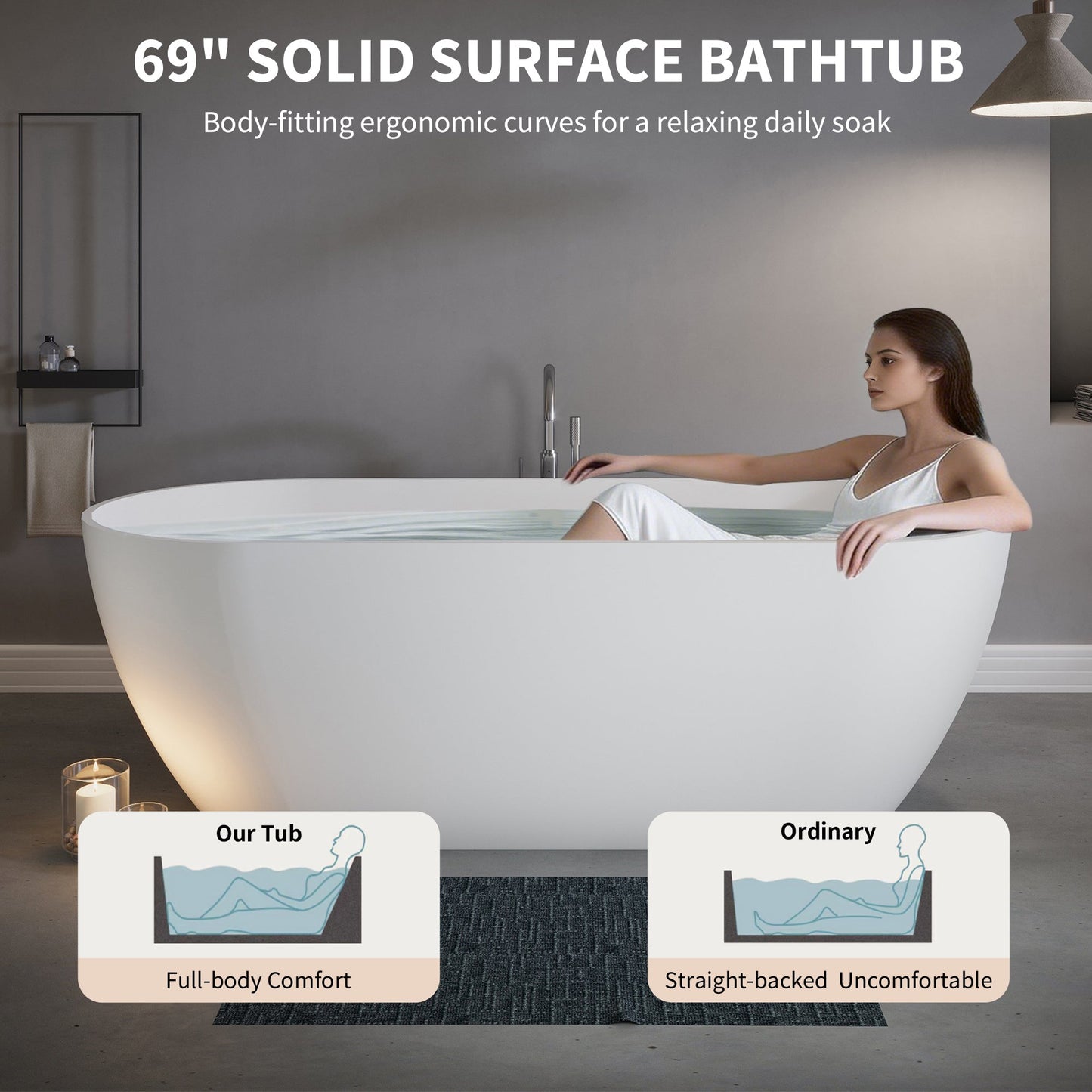 69" Freestanding Stone Resin Deep Soaking Bathtub S03-69