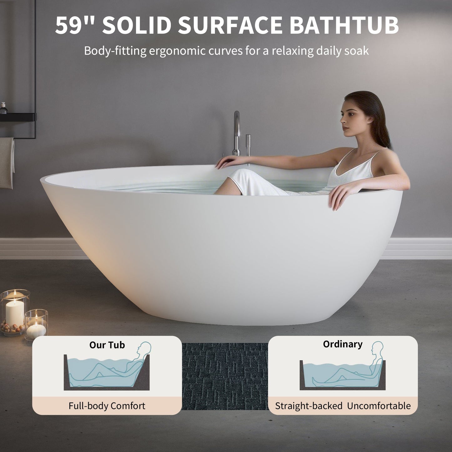 59" Freestanding Solid Surface Soaking Bathtub S02