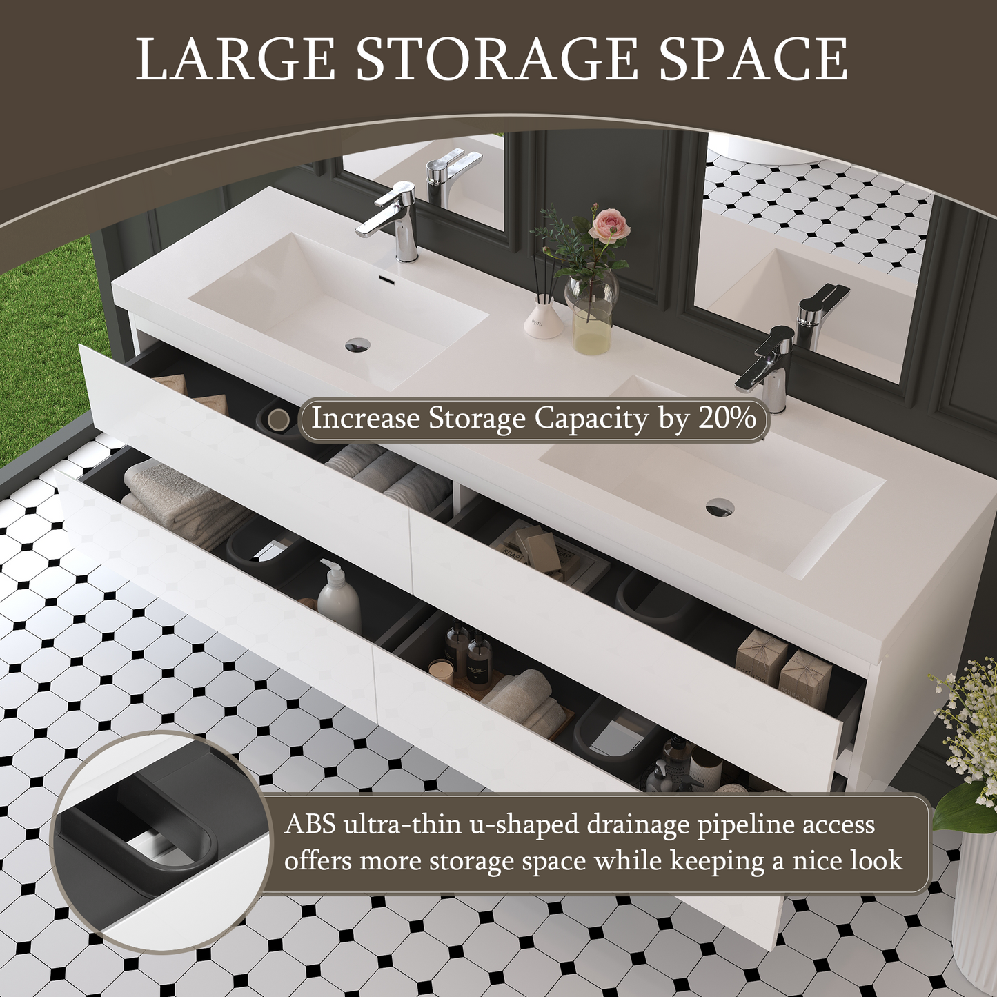 72" Angela - Floating Bathroom Vanity Double Sink Glossy White V11-72GW