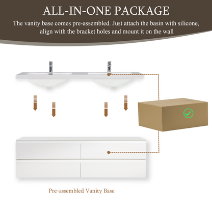 72" Angela - Floating Bathroom Vanity Double Sink Glossy White V11-72GW