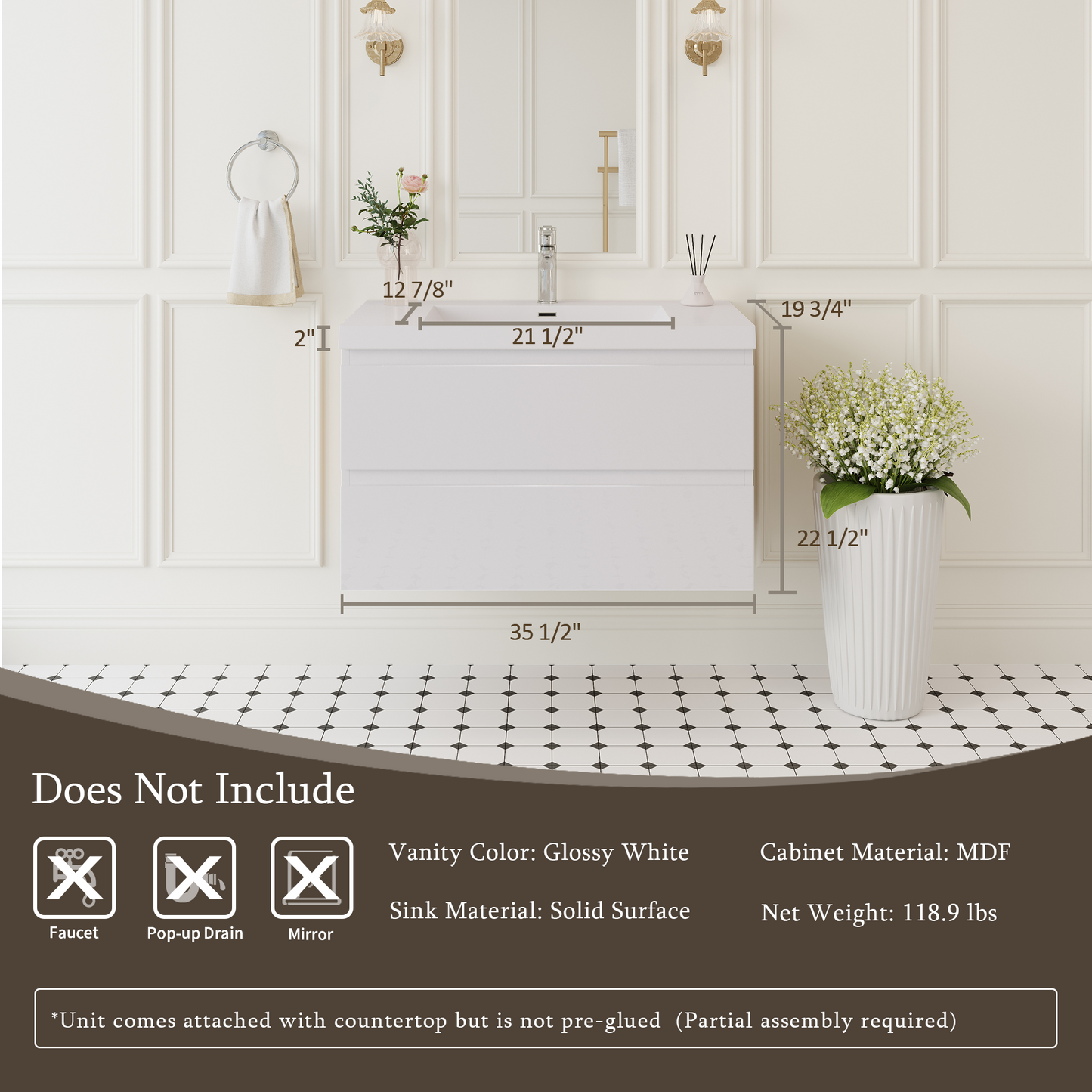 36" Angela - Floating Bathroom Vanity Glossy White V11-36GW
