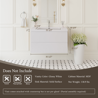 36" Angela - Floating Bathroom Vanity Glossy White V11-36GW
