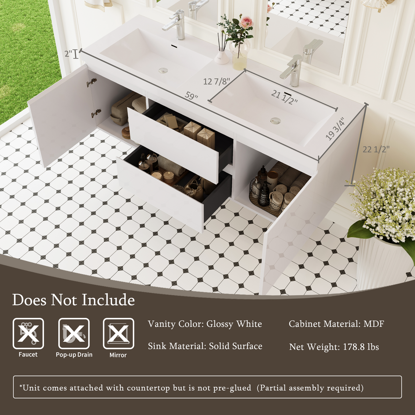 60" Angela - Floating Bathroom Vanity Double Sink Glossy White V11-60DGW