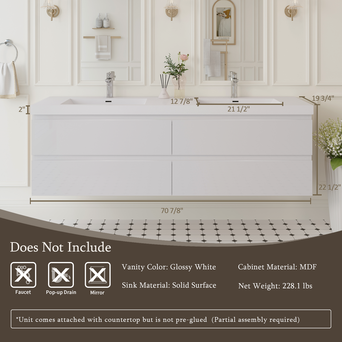 72" Angela - Floating Bathroom Vanity Double Sink Glossy White V11-72GW