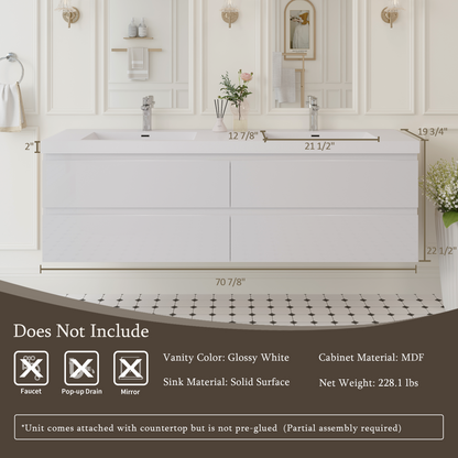 72" Angela - Floating Bathroom Vanity Double Sink Glossy White V11-72GW