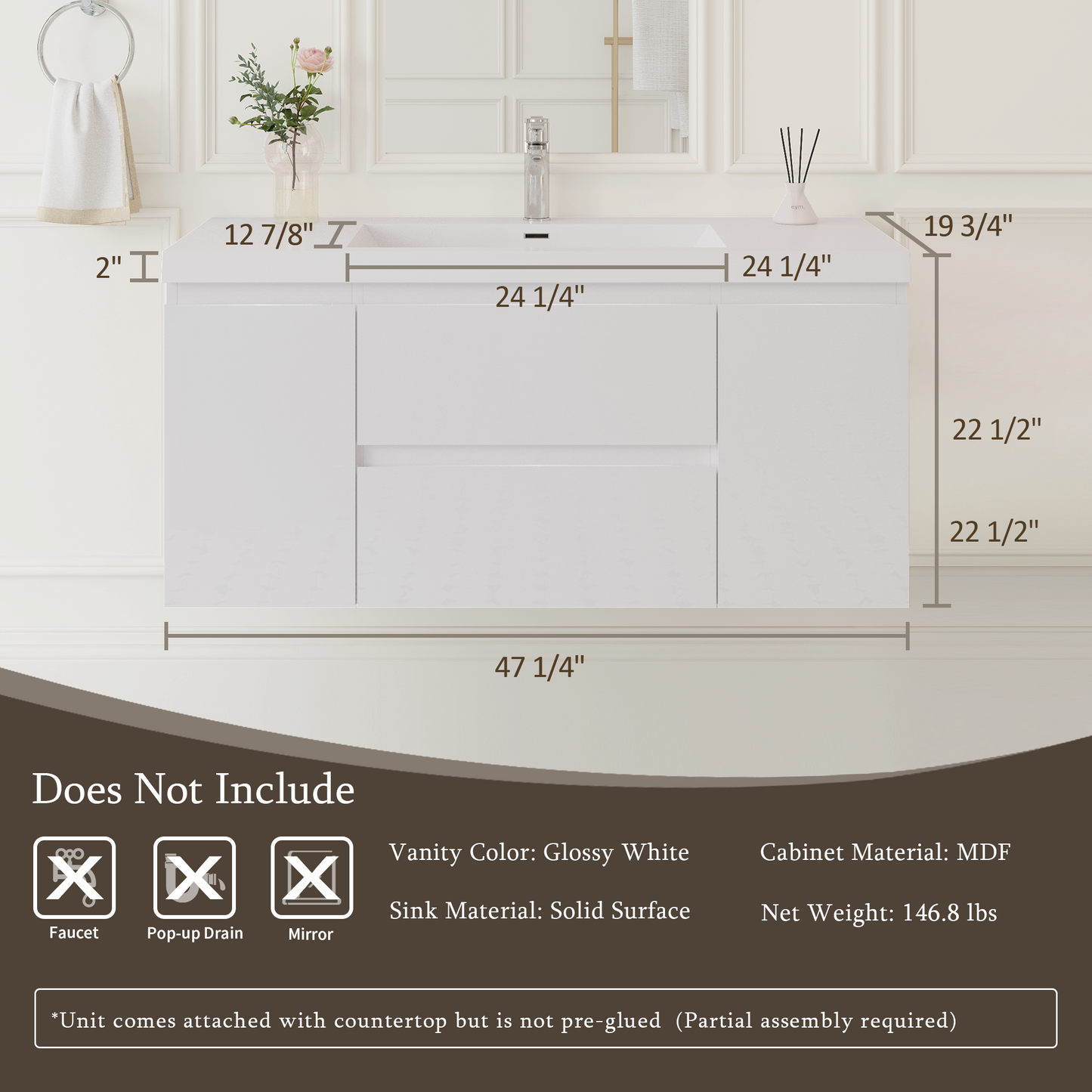 48" Angela - Floating Bathroom Vanity Glossy White V11-48GW