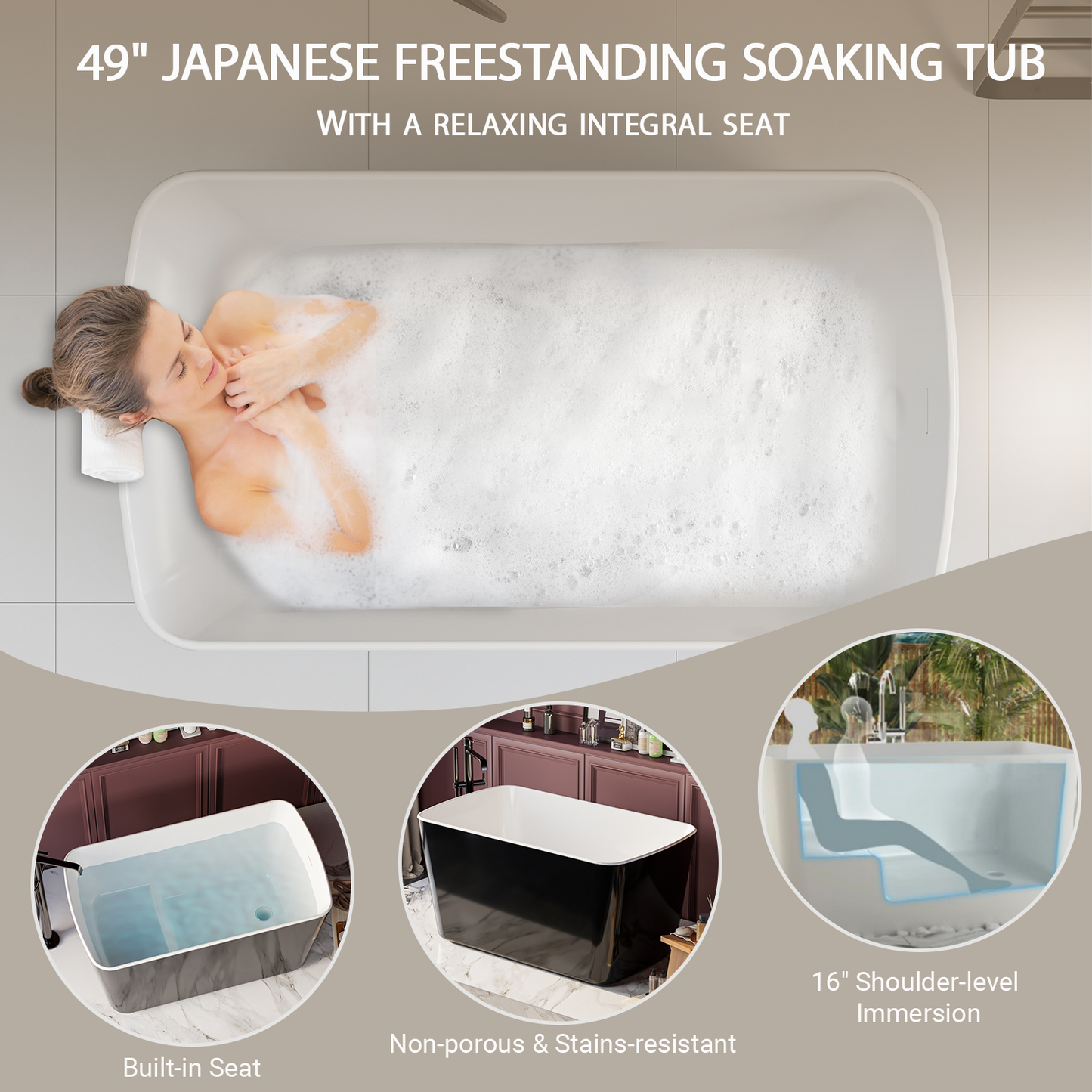 49" Acrylic Freestanding Japanese Sit-in Soaking Bathtub, Glossy Black AMA-49B