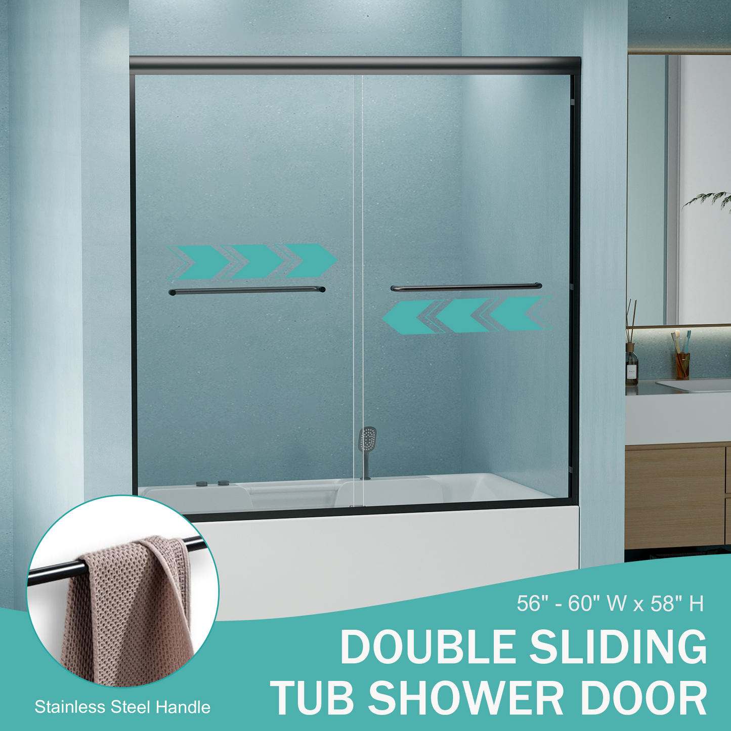 56" - 60" W x 58" H Semi-Frameless Double Sliding Tub Shower Door, D03-T60