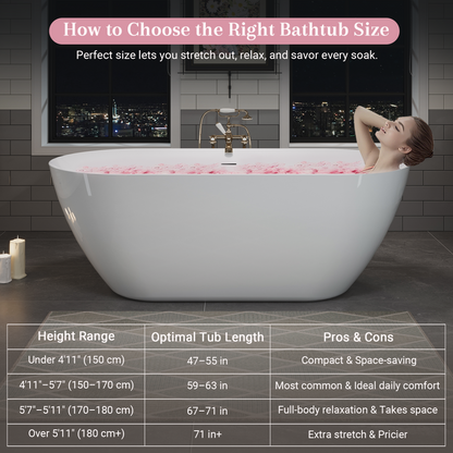 55"/60"/63" Minimalist Oval Acrylic Freestanding Soaking Bathtub, Glossy White A09