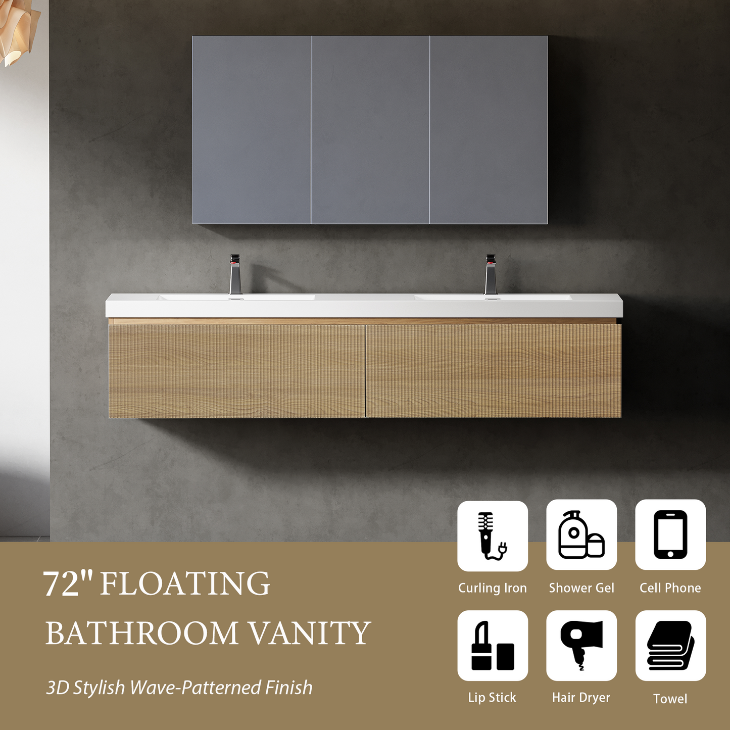 72" Liner - Floating Bathroom Vanity Integrated Double Sink Basin, Natural Oak V16-72NOW