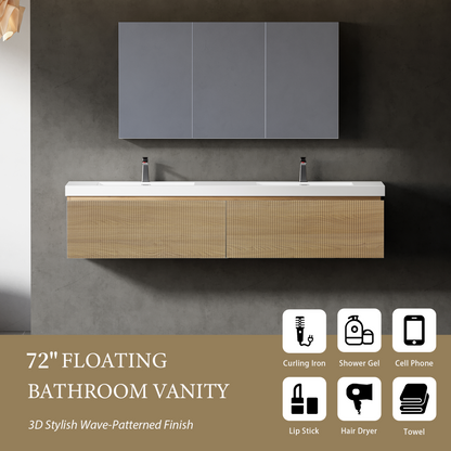 72" Liner - Floating Bathroom Vanity Integrated Double Sink Basin, Natural Oak V16-72NOW