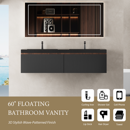 60" Liner - Floating Bathroom Vanity Integrated Double Basin, Smoked Walnut & lnk Black V16-60WAB