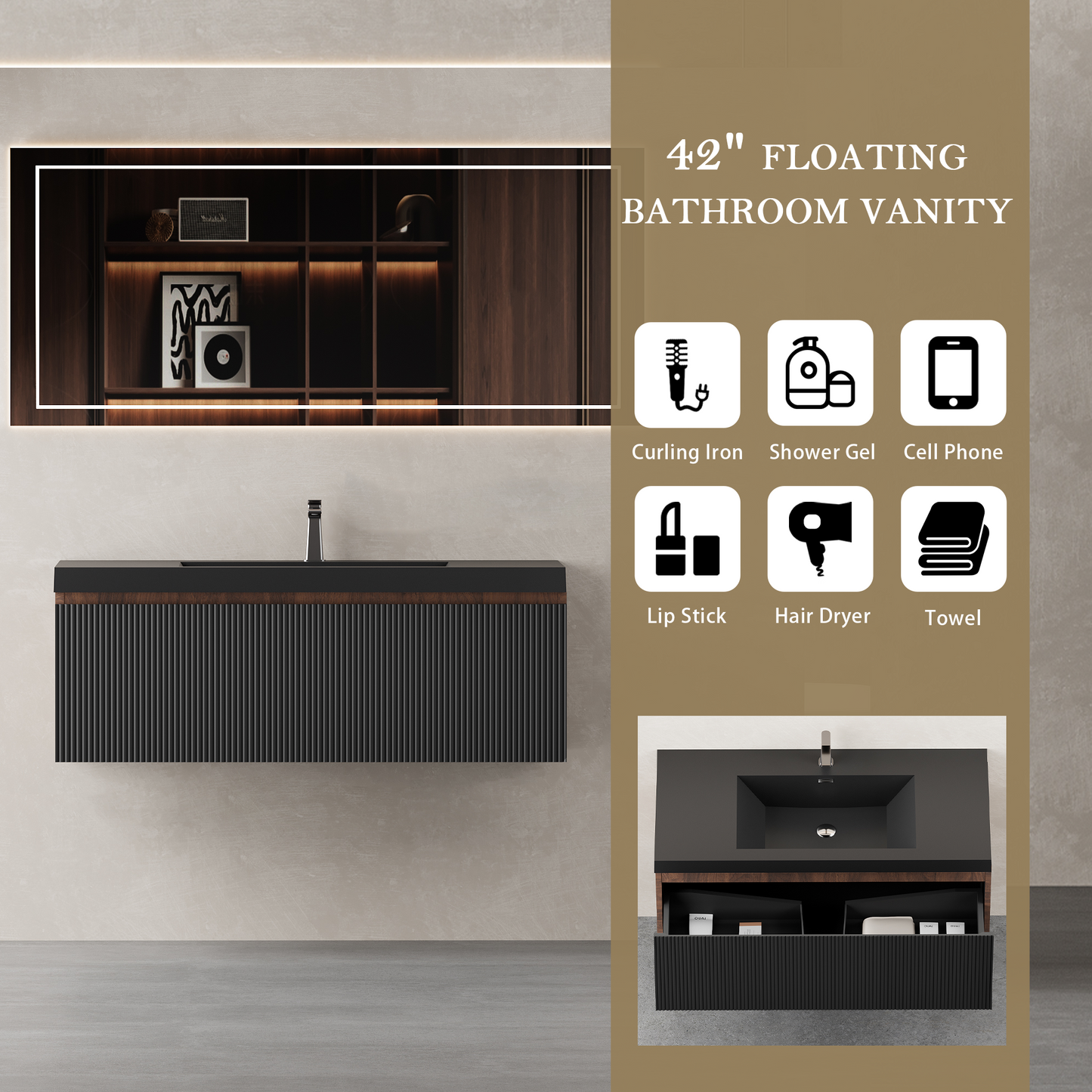 42" Liner - Floating Bathroom Vanity Smoked Walnut & lnk Black V16-42WAB