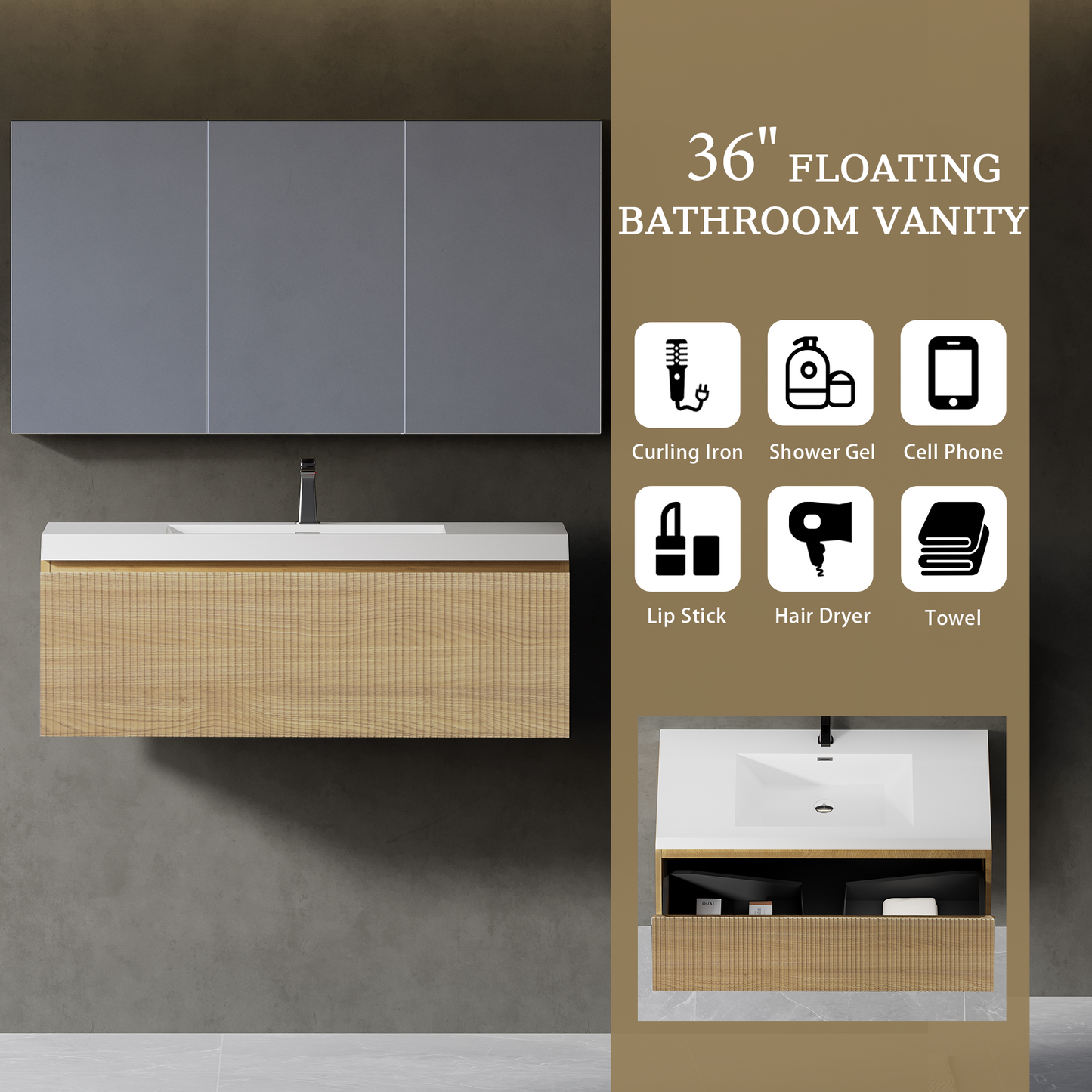 36" Liner - Floating Bathroom Vanity, Natural Oak V16-36NOW