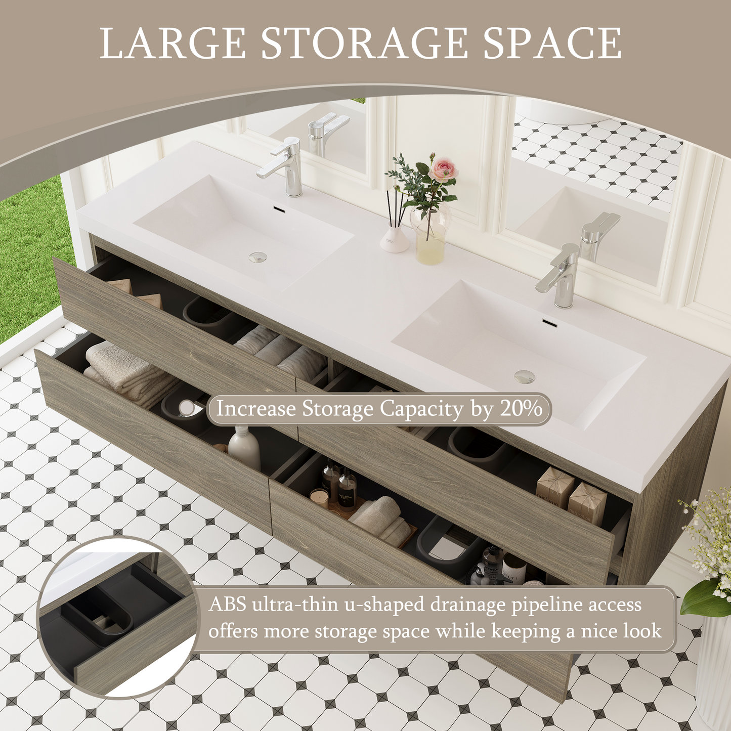72" Angela - Floating Bathroom Vanity Double Sink Ash Grey V11-72AG