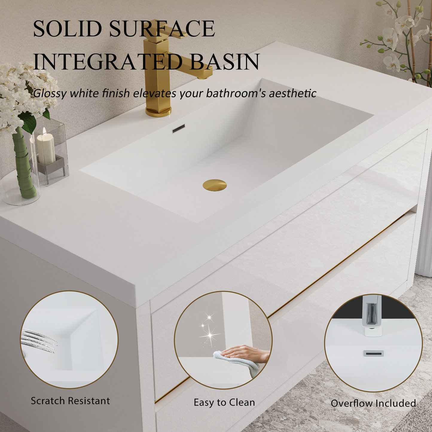 42" Aurelia - Floating Bathroom Vanity, Glossy White V15-42GW
