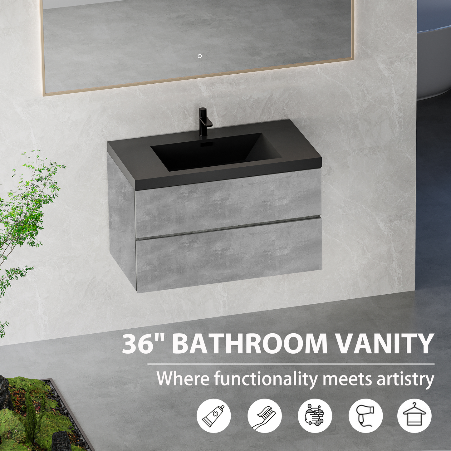 36" Edi - Modern Wall-mounted Bathroom Vanity V12-36GR