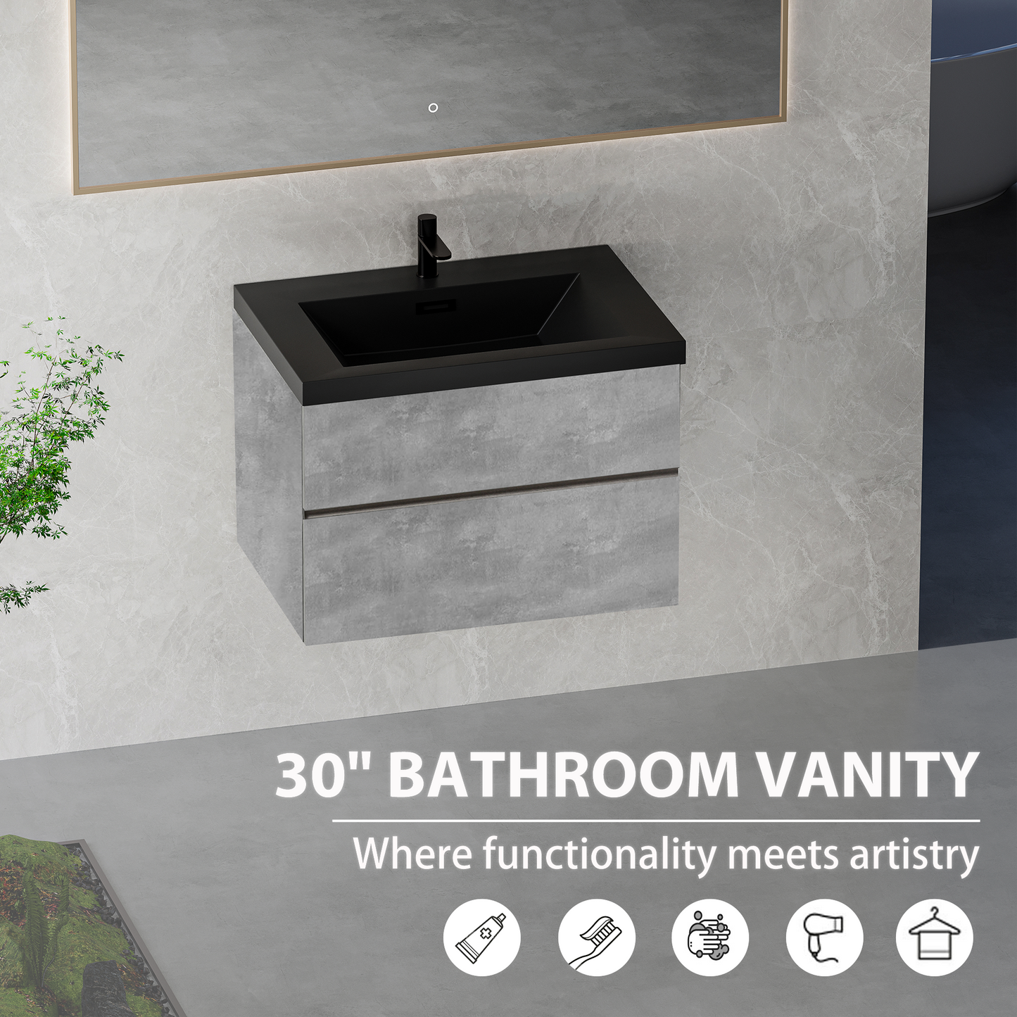 30" Edi - Modern Wall-mounted Bathroom Vanity V12-30GR