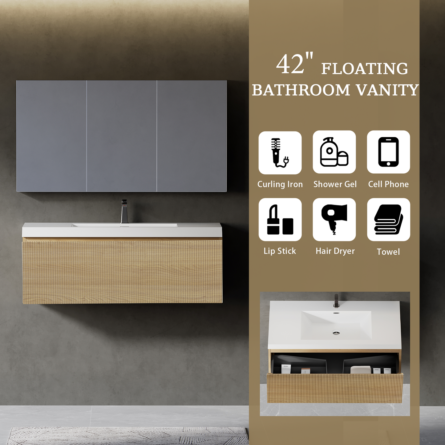 42" Liner - Floating Bathroom Vanity, Natural Oak V16-42NOW