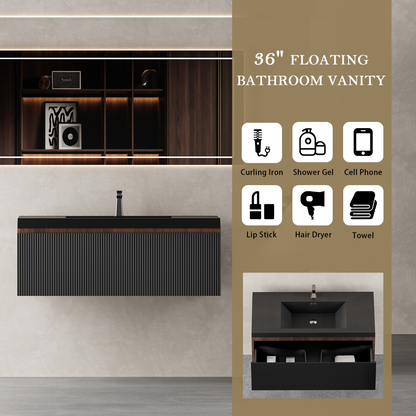 36" Liner - Floating Bathroom Vanity, Smoked Walnut & lnk Black V16-36WAB