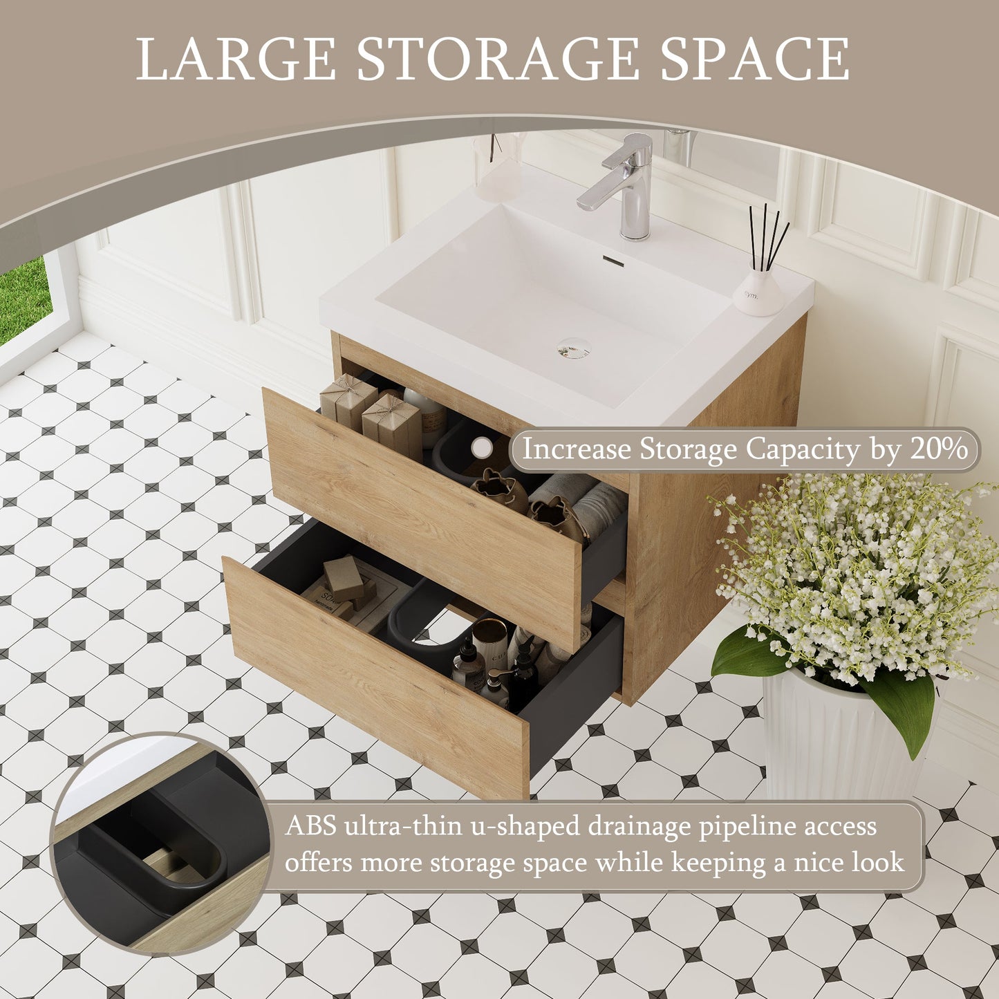 24" Angela - Floating Bathroom Vanity Natural Oak V11-24NO