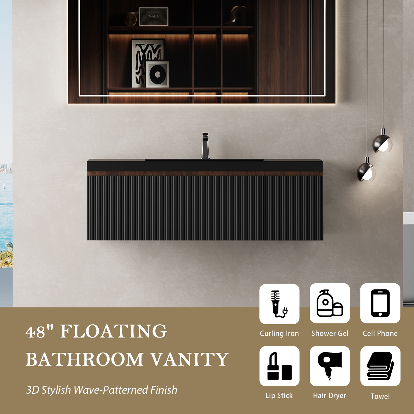 48" Liner - Floating Bathroom Vanity, Smoked Walnut & lnk Black V16-48WAB