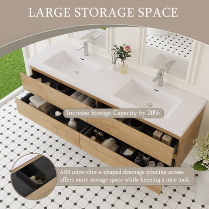 72" Angela - Floating Bathroom Vanity Double Sink Natural Oak V11-72NO