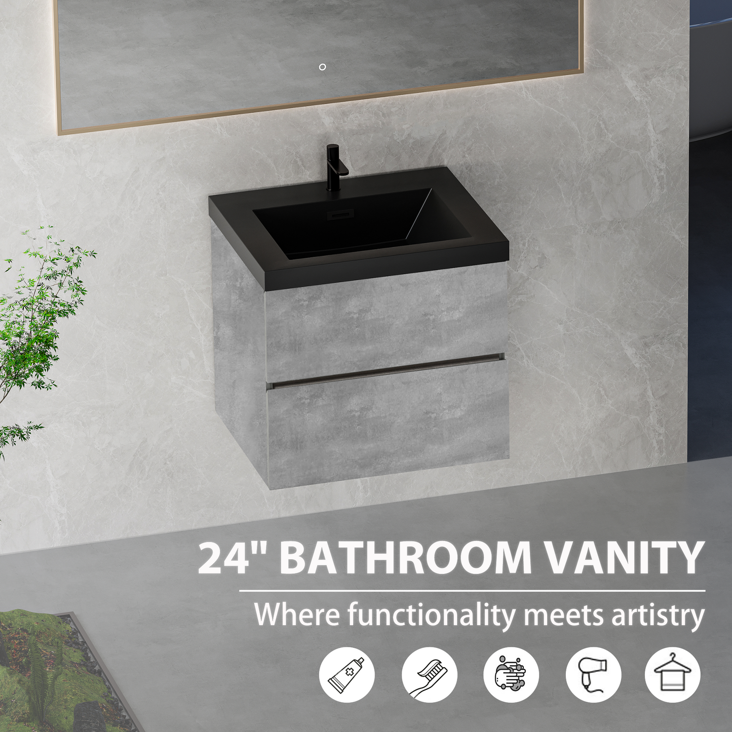 24" Edi - Modern Wall-mounted Bathroom Vanity V12-24GR
