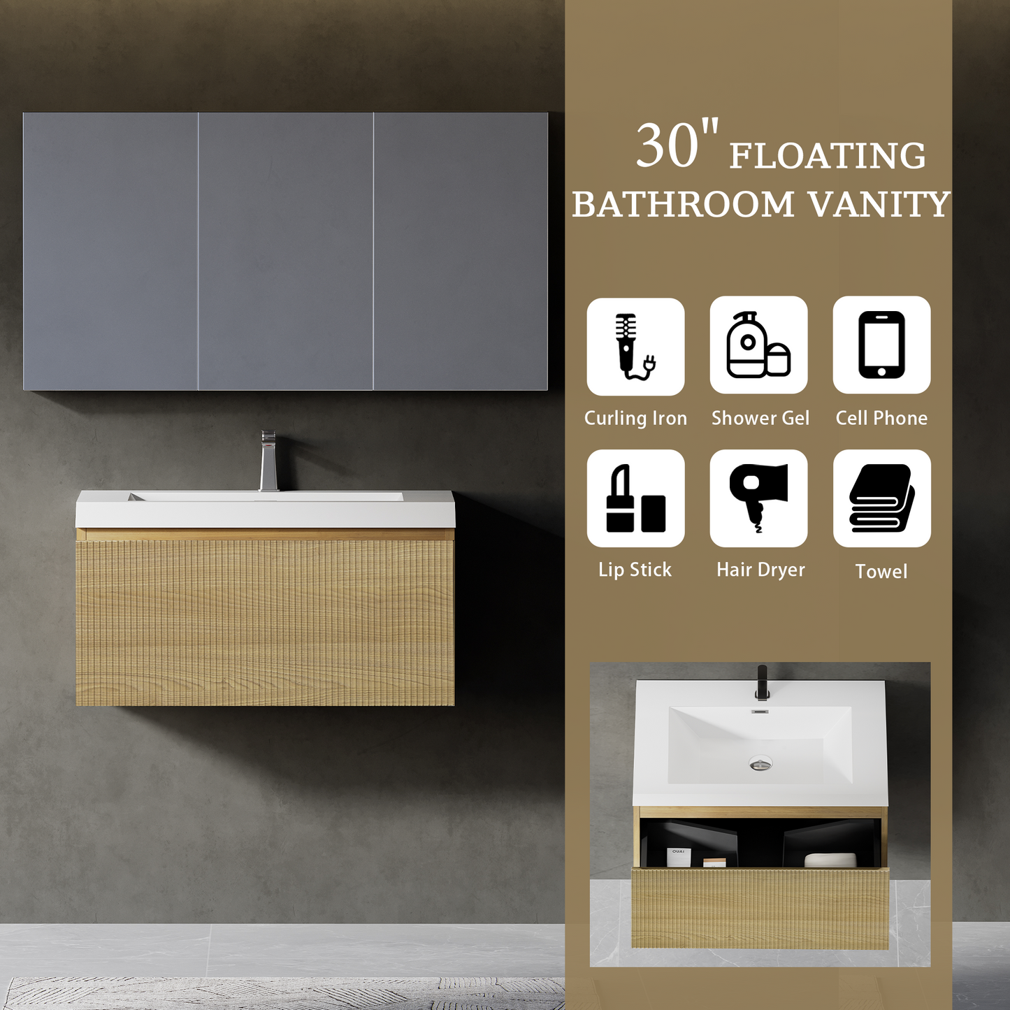 30" Liner - Floating Bathroom Vanity, Natural Oak V16-30NOW