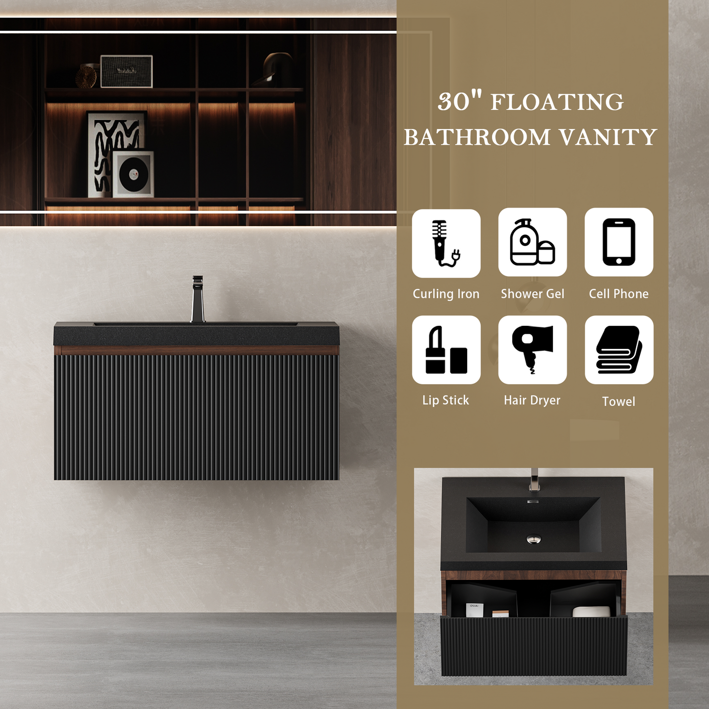 30" Liner - Floating Bathroom Vanity, Smoked Walnut & lnk Black V16-30WAB